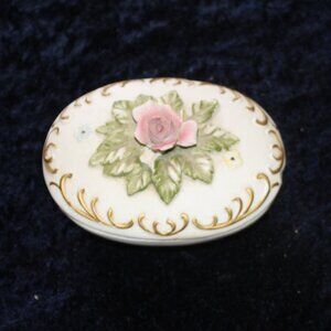 Vintage- Porclain Trinket Box  Rose accent on top